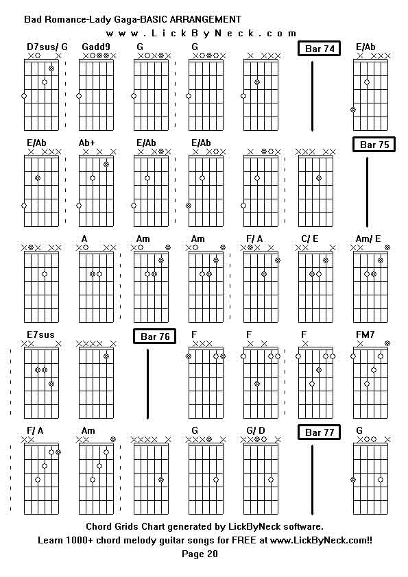 Chord Grids Chart of chord melody fingerstyle guitar song-Bad Romance-Lady Gaga-BASIC ARRANGEMENT,generated by LickByNeck software.